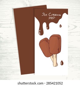 Cafe menu template with hand drawn chocolate ice cream and drops. Vector illustration. Sweet shop background with popsicle and place for text