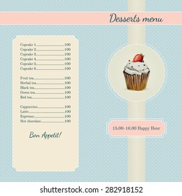 Cafe menu template with watercolor cupcake illustration in retro style