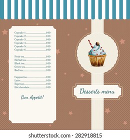 Cafe menu template with watercolor cupcake illustration in retro style