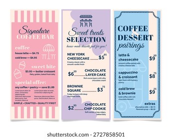 Cafe menu templates detailing coffee options, desserts, and special offers. The menu also features a variety of cakes and drinks, inviting customers to enjoy them.