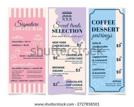 Cafe menu templates detailing coffee options, desserts, and special offers. The menu also features a variety of cakes and drinks, inviting customers to enjoy them.
