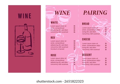 Cafe menu templates with hand drawn graphic elements, brush line art wine and charcuterie drawings