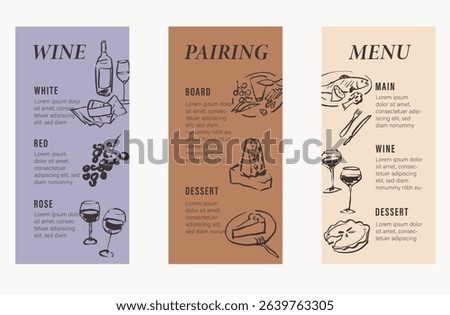 Cafe menu templates with hand drawn graphic elements, brush line art food illustrations, wine and charcuterie drawings, main course and dessert