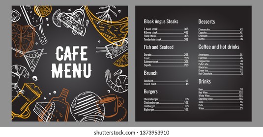 Cafe menu two page design template with list of meat, fish, burgers, drinks, coffee and desserts. Outline vector hand drawn sketch illustration with different food on on blackboard background