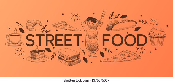 Cafe menu vector sweet desserts chocolate cupcake cheesecake and fast food icecream in restaurant illustration backdrop muffin and pizza banner poster retro sketch background.