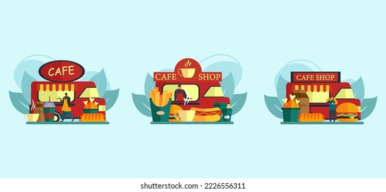 Cafe in the Middle of a City Street Flat Design