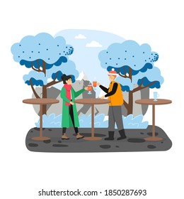 Café en las montañas. Feliz pareja bebiendo vino tinglado, ilustración vectorial plana. Joven en Santa hat y mujer celebrando Año Nuevo y Navidad fuera de la ciudad. Vacaciones de invierno.