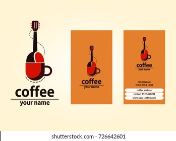 Cafe Music Logo Template. Icon guitar, design element with business card template