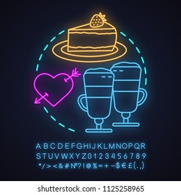 Cafe neon light concept icon. First date idea. Coffee house. Latte macchiato and cheesecake. Glowing sign with alphabet, numbers and symbols. Vector isolated illustration