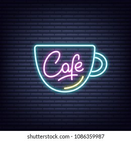 Cafe. Cafe neon sign. Neon glowing signboard banner design