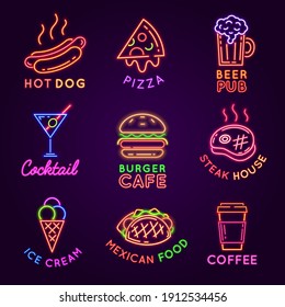 Cafe neon signs. Food and drink glowing light billboards. Burger and pizza restaurant, beer pub, steak house and coffee bar sign vector set. Advertisement for selling ice cream and cocktail