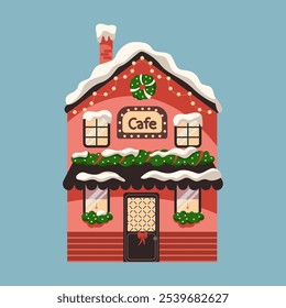 Cafe with New Year decorations flat color vector object. Building with festive winter holiday decor featuring garlands illustration on blue