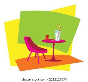 Cafe. Nice place at a good time. Table, chairs, coffee, cocktail and candies. Vector image for prints, poster and illustrations.