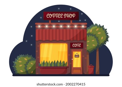 Cafe in the night background illustration. Cozy night street cafe scene flat illustration. Evening city street background.