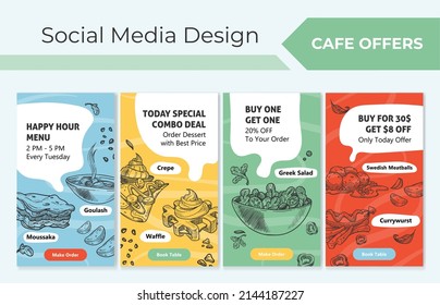 Cafe Offer Social Media Story Set, Special Deals. Template Network Banner Collection With Sketch Food, Vector Illustration. Happy Hour Menu, Today Combo At Restaurant Advertising