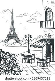 Cafe on background of Eiffel Tower sketch