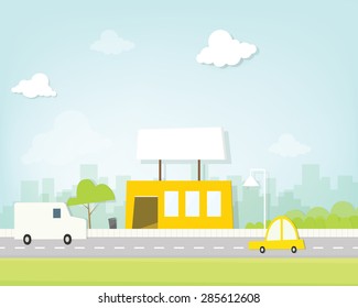 cafe on the road. Vector paper cut image
