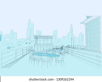Cafe on the roof of the shopping center, tables and stairs, panorama of the city. Vector.