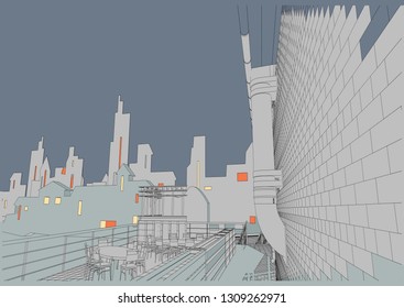 Cafe on the roof of the shopping center, tables and stairs, panorama of the city. Vector.