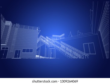 Cafe on the roof of the shopping center, tables and stairs, panorama of the city. Vector.
