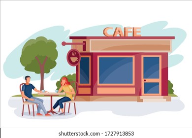 en un café de una calle con un árbol en la mesa, un hombre y una mujer están sentados al lado del edificio de la cafetería, ilustración vectorial,