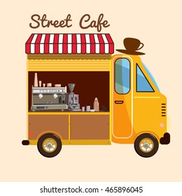 Cafe on wheels, bus, street food, Cartoon, vector illustration