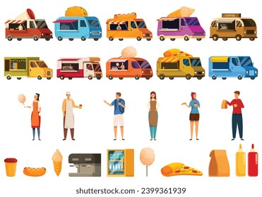 Cafe on wheels icons set cartoon vector. Truck food. Candy snack van