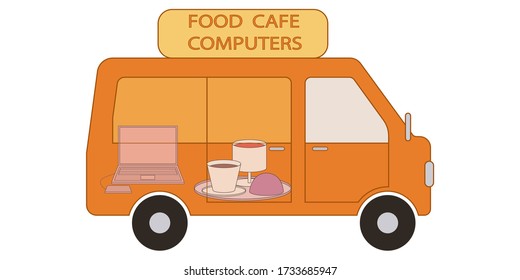 Cafe on wheels. Sweets and Goodies to any address. Computers and 
computer assistance to any address. Vector graphics.