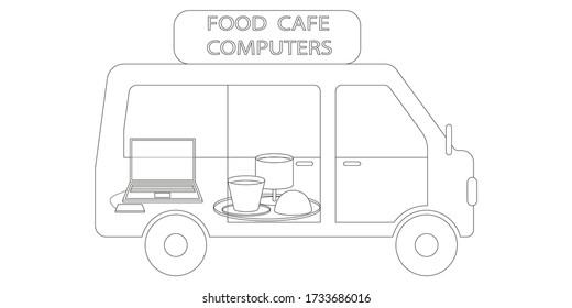 Cafe on wheels. Sweets and Goodies to any address. Computers and 
computer assistance to any address. Vector graphics.