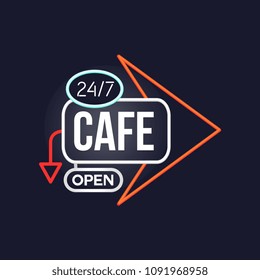 Cafe open 24 7 retro neon sign, vintage bright glowing signboard, light banner vector Illustration