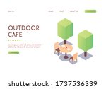 Cafe in the open air. A table with chairs for two people next to the trees. Vector isolated isometric illustration of a restaurant location on a white background.