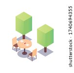 Cafe in the open air. A table with chairs for two people next to the trees. Vector isolated isometric illustration of a restaurant location on a white background.
