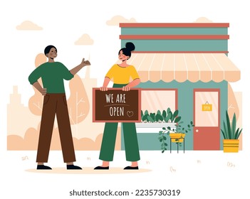 Cafe open concept. Small business owner holding sign greets clients in front of building. Seller and buyer communicate, quality service. Poster or banner for website. Cartoon flat vector illustration