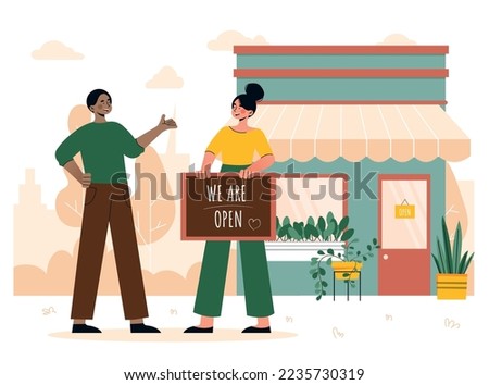 Cafe open concept. Small business owner holding sign greets clients in front of building. Seller and buyer communicate, quality service. Poster or banner for website. Cartoon flat vector illustration