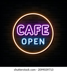Cartel de Neon abierto en el café. Banner ligero. Ilustración vectorial