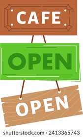 Cafe open sign hanging, welcoming customers. Three colorful animated signs displayed. Welcoming businesses and open for service vector illustration.