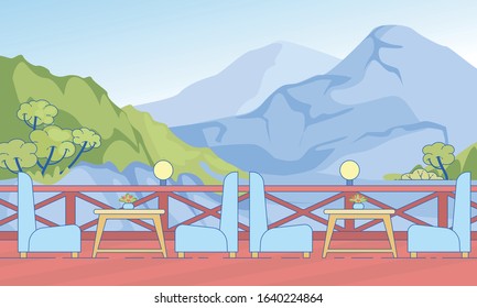 Cafe Open Terrace with Wooden Banister in Mountains. Empty Table Chair in Hotel Restaurant or Cafeteria with Beautiful Summer Mountain View Vector Illustration. Travel Tourism Vacation Resort