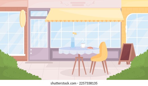 Cafe outdoor seating flat color vector illustration. Enjoying drink and food outside. Cozy dining option. Breakfast. Fully editable 2D simple cartoon cityscape with buildings exterior on background