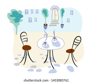 Cafe outdoor seating flat vector illustration. Bistro outside table served for two isolated clipart. Cups with hot coffee, tea morning breakfast beverage. Urban restaurant, cafeteria design element