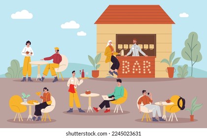 Cafe outdoor visitors. Happy people sitting and eating at street restaurant tables. Bartender pours beer. Waiters serve food. Man works freelance. Woman drinks wine