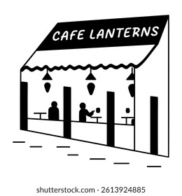 Cafe outside view with cafe lanterns text, glyph sticker 

