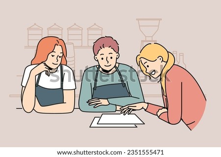 Cafe owners stand behind bar, consulting with professional female restaurateur and reading out business plan. Businesswoman holding meeting with cafe staff and discussing organizational issues.