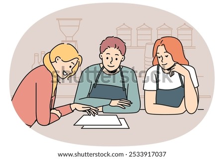 Cafe owners stand behind bar, consulting with professional female restaurateur and reading out business plan. Businesswoman holding meeting with cafe staff and discussing organizational issues.