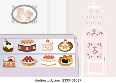 Cafe pastel showing many type of cake for background backdrop cafe canteen concept 