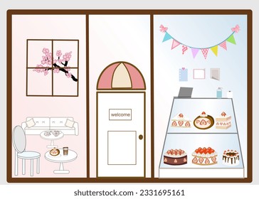 Cafe pastel que muestra muchos tipos de tartas como telón de fondo concepto de cafetería cantina 