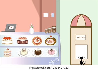 Cafe pastel showing many type of cake for background backdrop cafe canteen concept 
