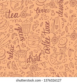 Cafe pattern with doodle coffee, tea, cups and desserts. Vector illustration.