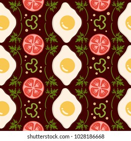 Cafe pattern with egg and tomatoes a gray background.Pattern for a restaurant. fried eggs with parsley and pepper. Wallpaper on the wall in a cafe. funny pattern with food on a burgundy. 