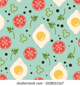 Cafe pattern with egg and tomatoes a green background.Pattern for a restaurant. fried eggs with parsley and pepper. Wallpaper on the wall in a cafe. funny pattern with food
