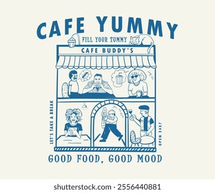 Cafe people comic vector art, people eating and drinking in restaurant cartoon drawing, vintage cafe artwork for t shirt, poster, screen print 